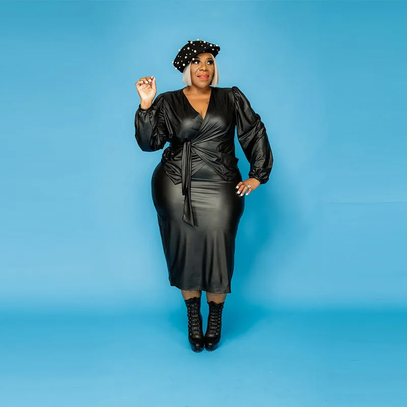 Elegant Plus-Size PU Leather Blazer and Skirt Two-Piece Set