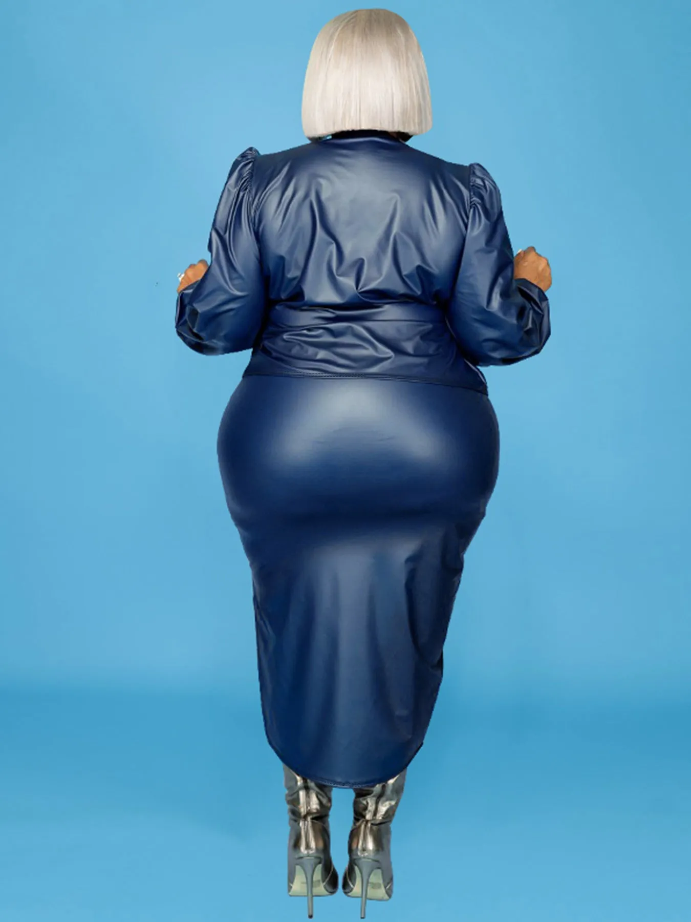 Elegant Plus-Size PU Leather Blazer and Skirt Two-Piece Set