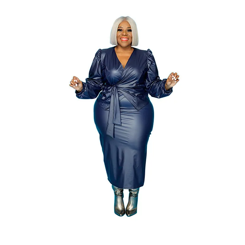 Elegant Plus-Size PU Leather Blazer and Skirt Two-Piece Set