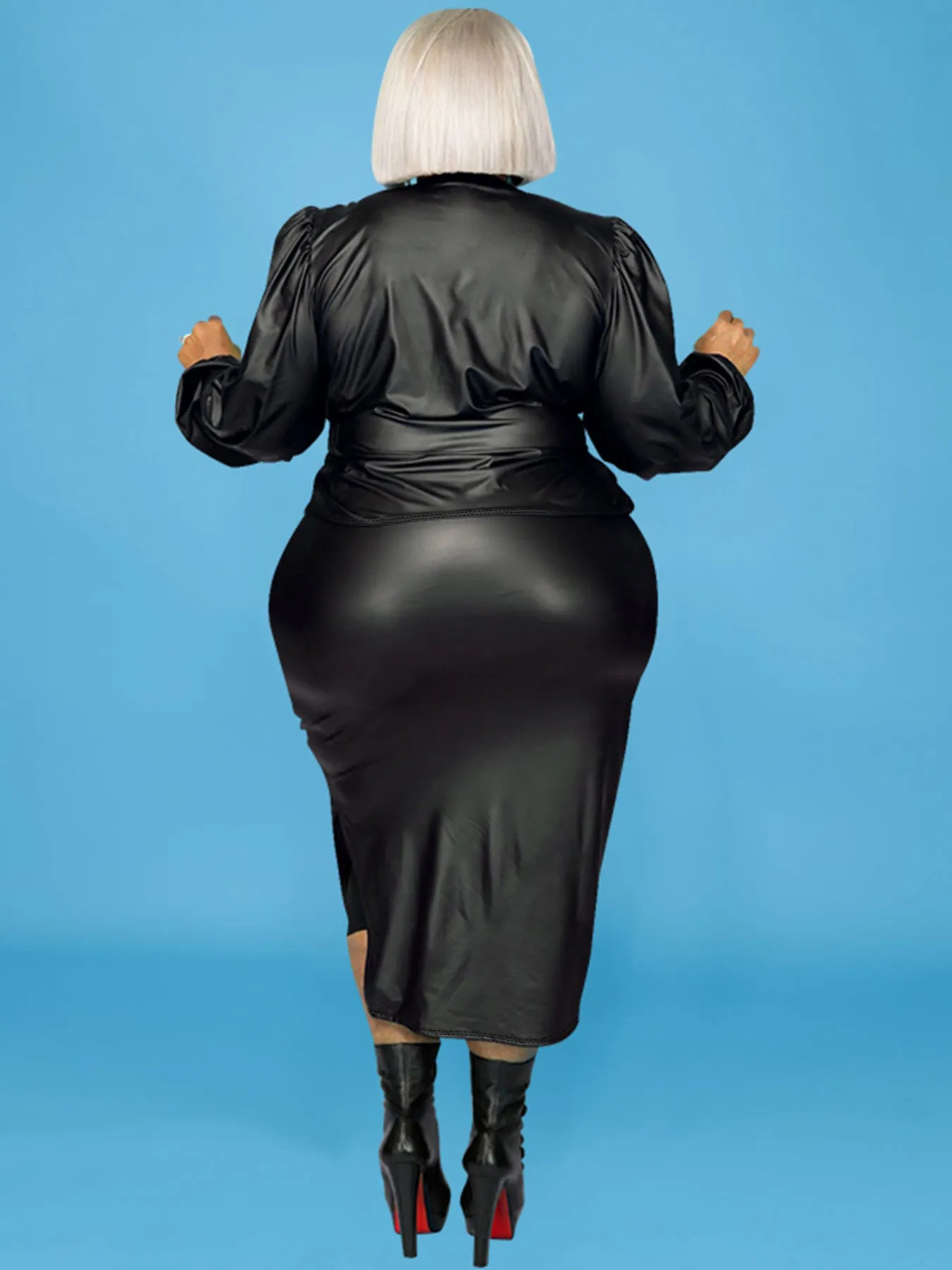 Elegant Plus-Size PU Leather Blazer and Skirt Two-Piece Set