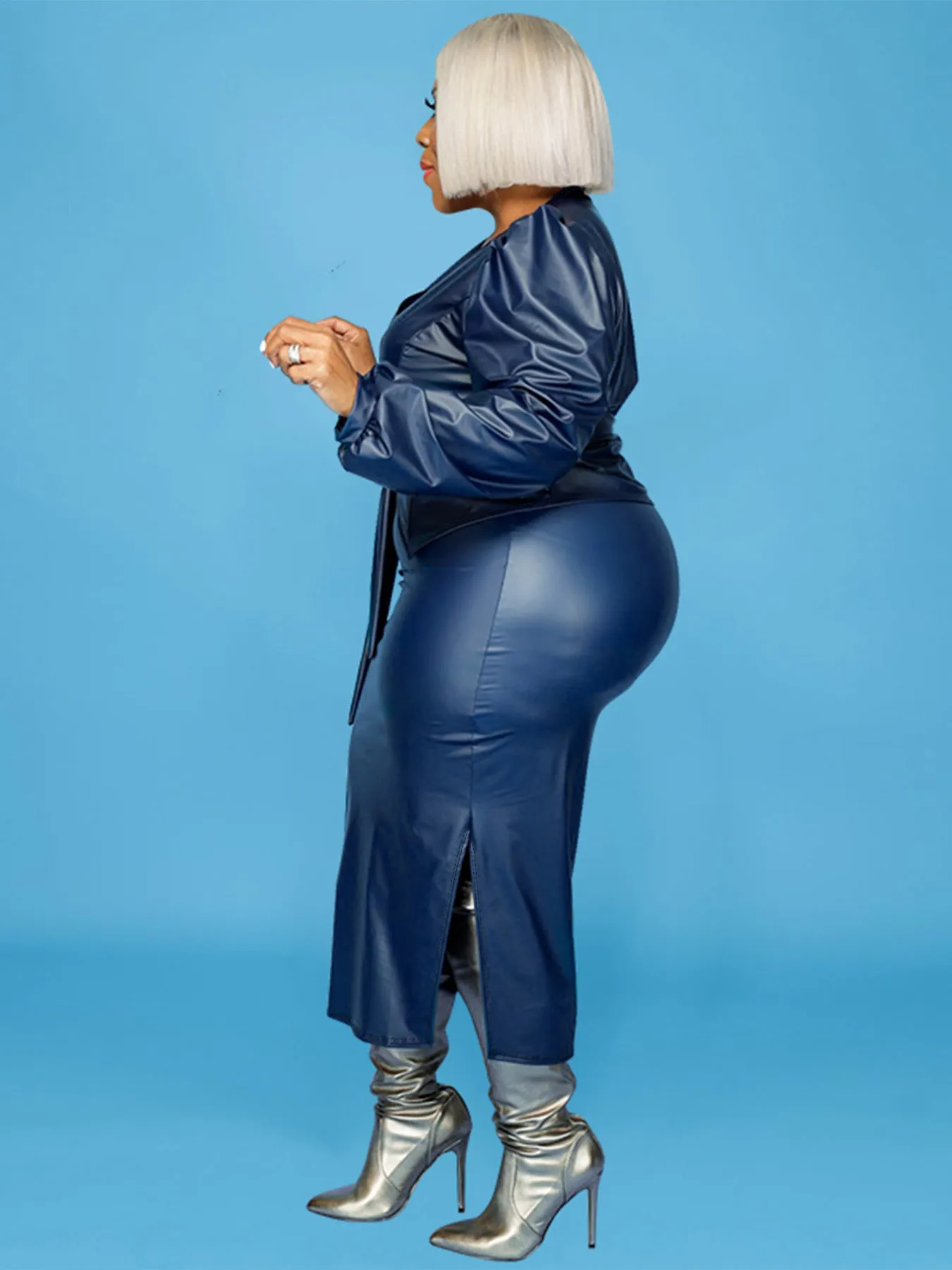 Elegant Plus-Size PU Leather Blazer and Skirt Two-Piece Set