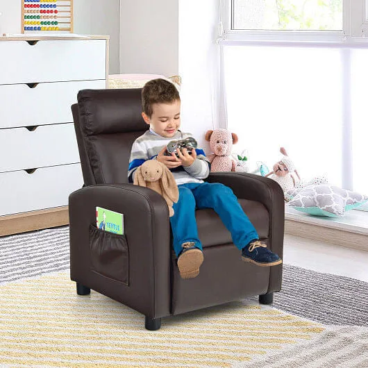 Ergonomic PU Leather Kids Recliner Lounge Sofa for 3-12 Age Group-Brown - Color: