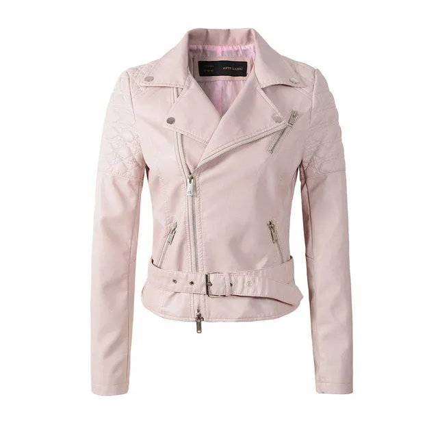 Fashion Women Faux Leather Jacket Ladies Motorcycle PU Blue Pink Black Long Sleeve Coat with Belt