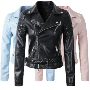 Fashion Women Faux Leather Jacket Ladies Motorcycle PU Blue Pink Black Long Sleeve Coat with Belt