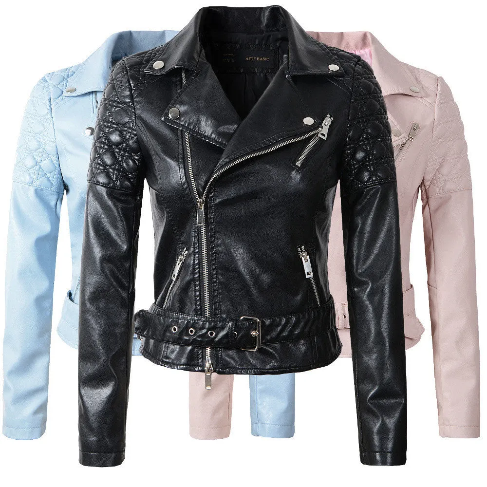 Fashion Women Faux Leather Jacket Ladies Motorcycle PU Blue Pink Black Long Sleeve Coat with Belt