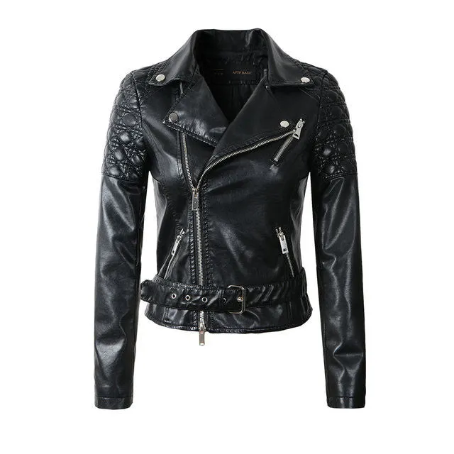 Fashion Women Faux Leather Jacket Ladies Motorcycle PU Blue Pink Black Long Sleeve Coat with Belt