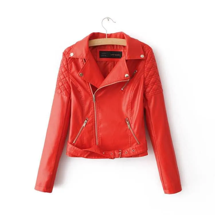 Fashion Women Faux Leather Jacket Ladies Motorcycle PU Blue Pink Black Long Sleeve Coat with Belt