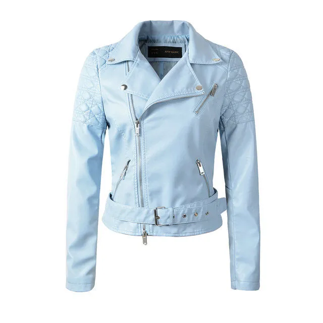 Fashion Women Faux Leather Jacket Ladies Motorcycle PU Blue Pink Black Long Sleeve Coat with Belt