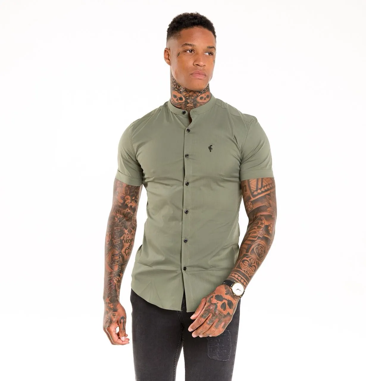 Father Sons Super Slim Stretch Classic Khaki Grandad Collar Short Sleeve - FS291