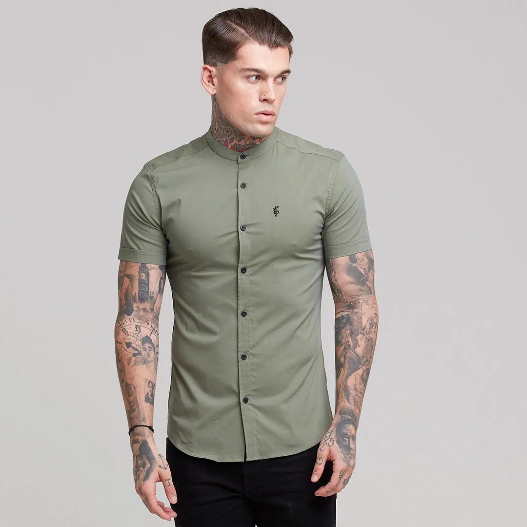 Father Sons Super Slim Stretch Classic Khaki Grandad Collar Short Sleeve - FS291