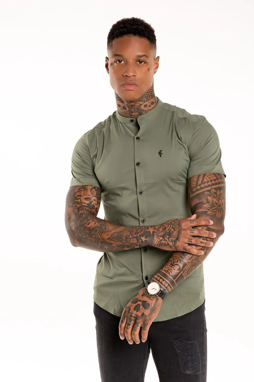 Father Sons Super Slim Stretch Classic Khaki Grandad Collar Short Sleeve - FS291