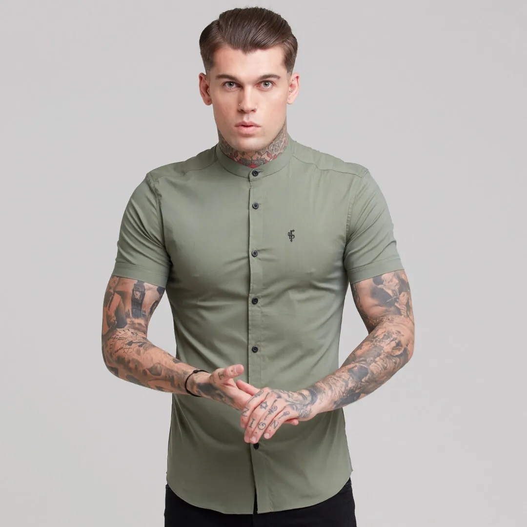 Father Sons Super Slim Stretch Classic Khaki Grandad Collar Short Sleeve - FS291