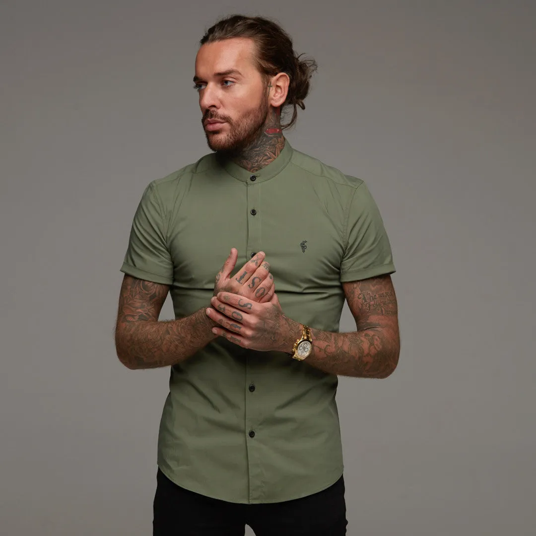 Father Sons Super Slim Stretch Classic Khaki Grandad Collar Short Sleeve - FS291