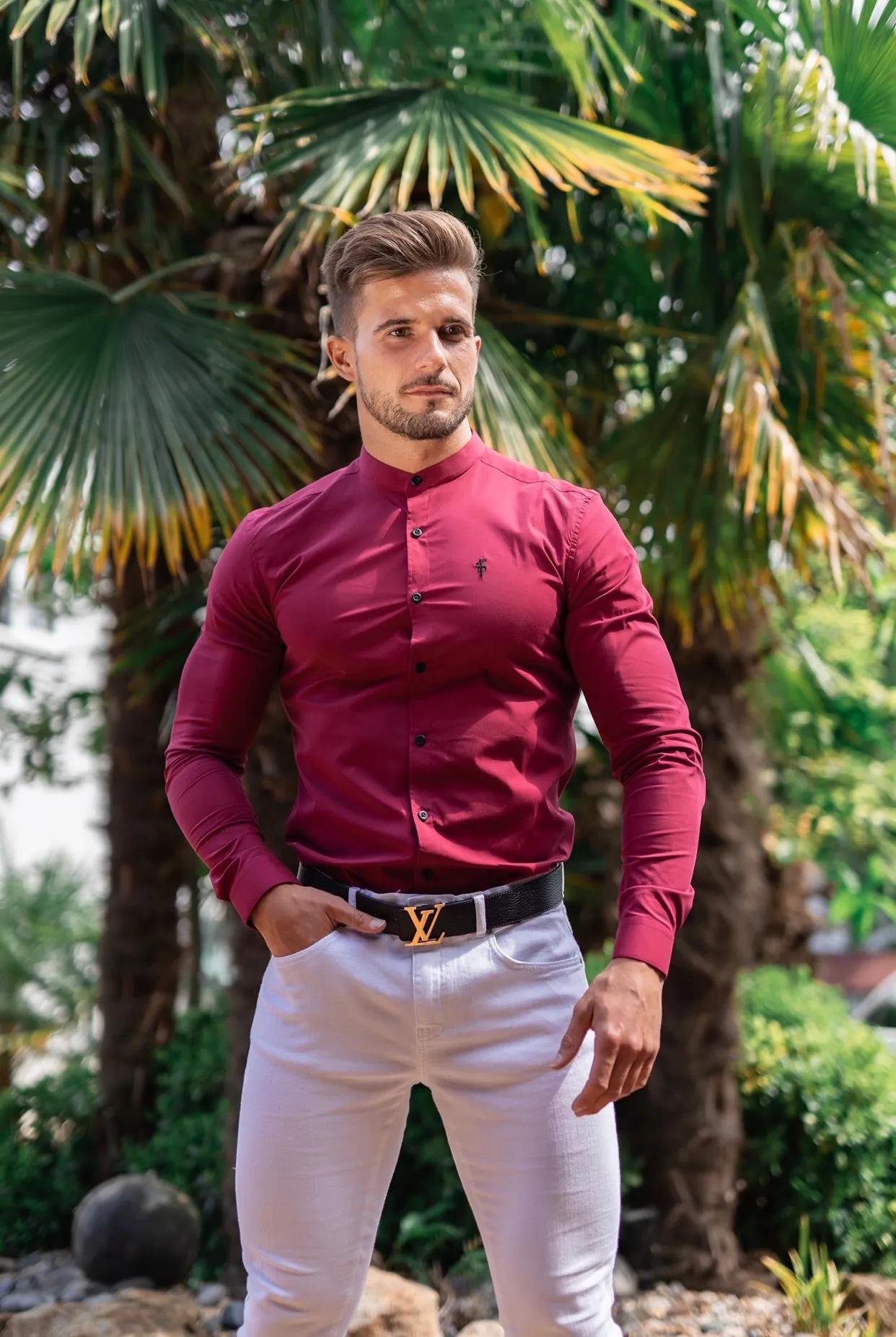 Father Sons Super Slim Stretch Classic Oxblood Grandad Collar - FS294