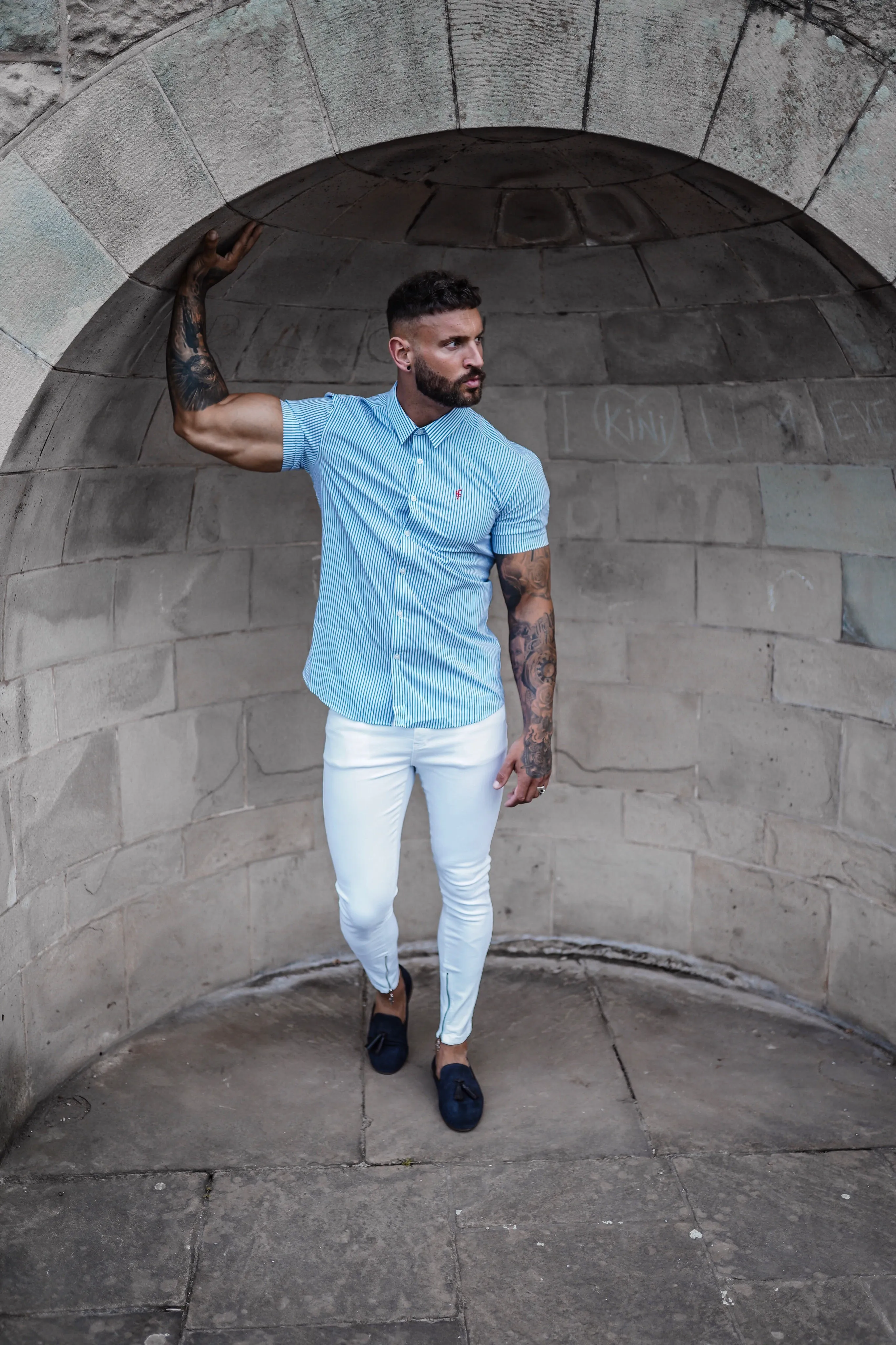 Father Sons Super Slim Stretch Navy & White Stripe Short Sleeve Regular  Stretch(Red Emblem) - FS573