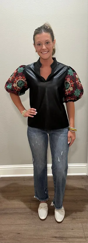 Faux Leather Embroidered Puff Sleeve Top