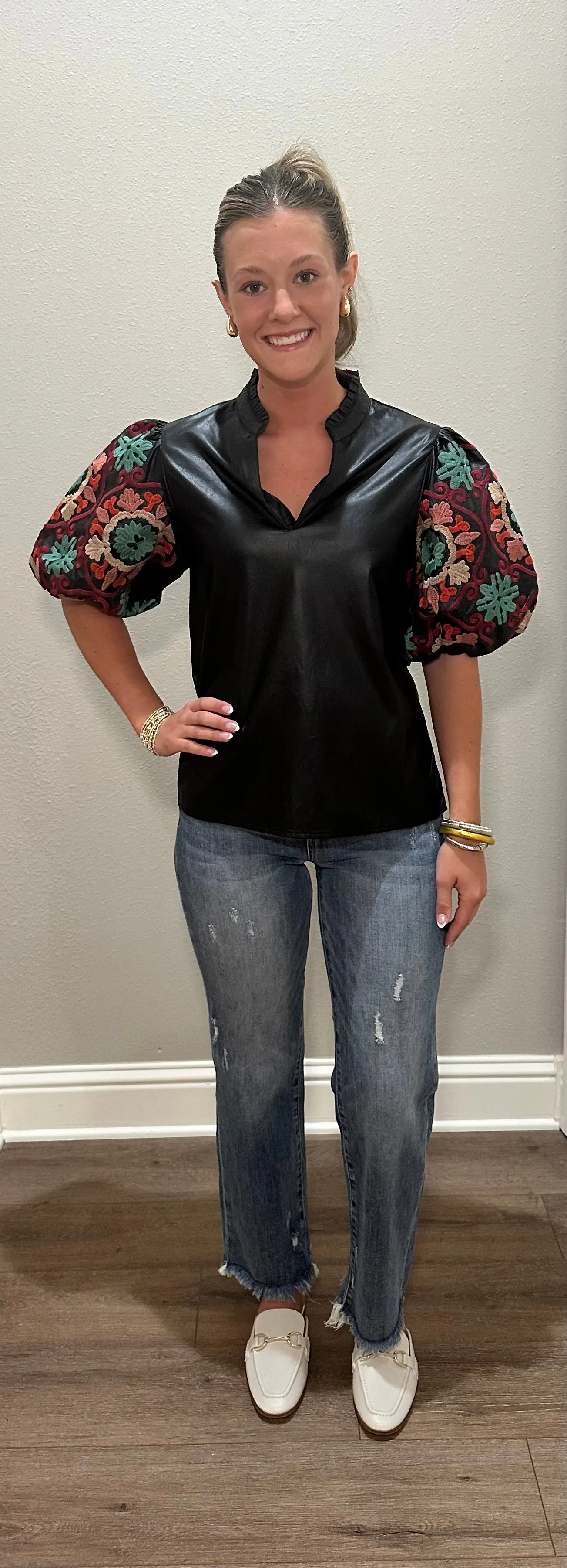 Faux Leather Embroidered Puff Sleeve Top