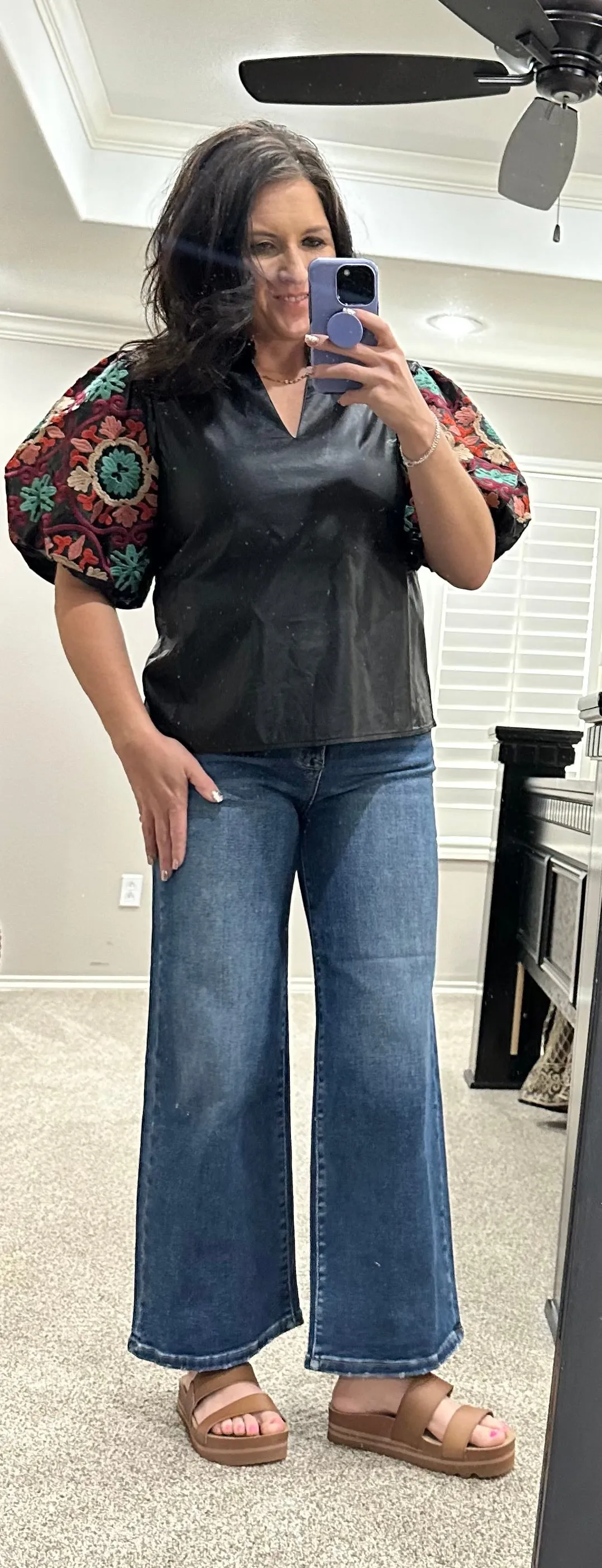 Faux Leather Embroidered Puff Sleeve Top