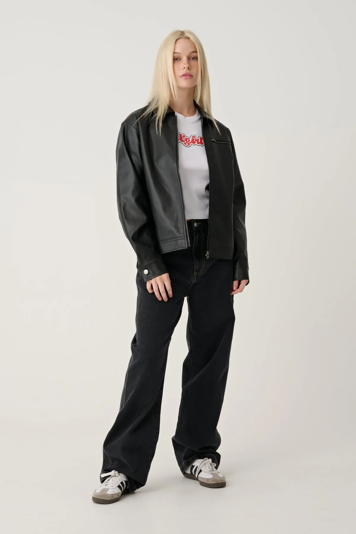 FAUX LEATHER ZIP UP JACKET - Black