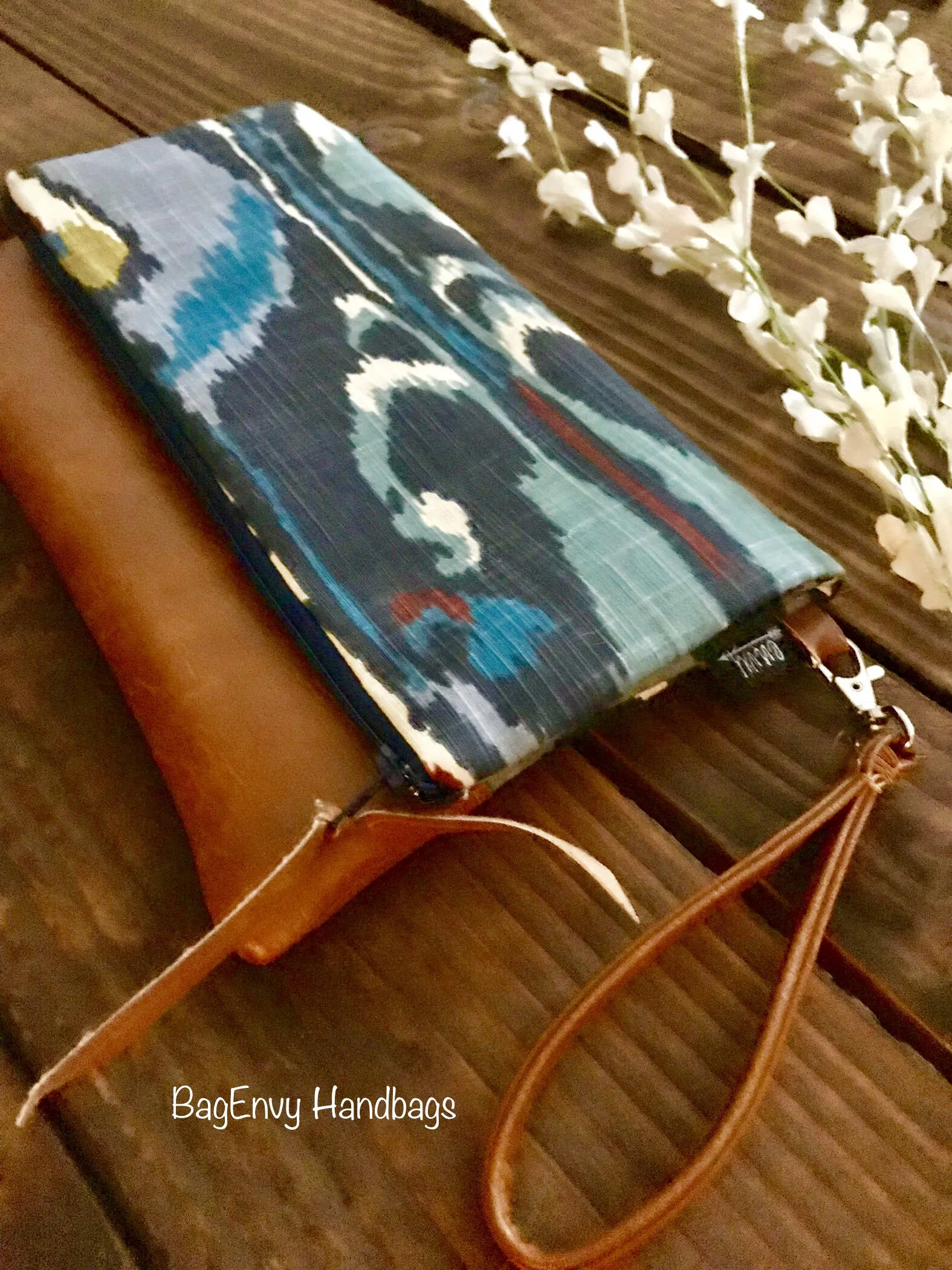 Fold Over Clutch - Ikat Bands with Vegan Leather - Detachable Wristlet