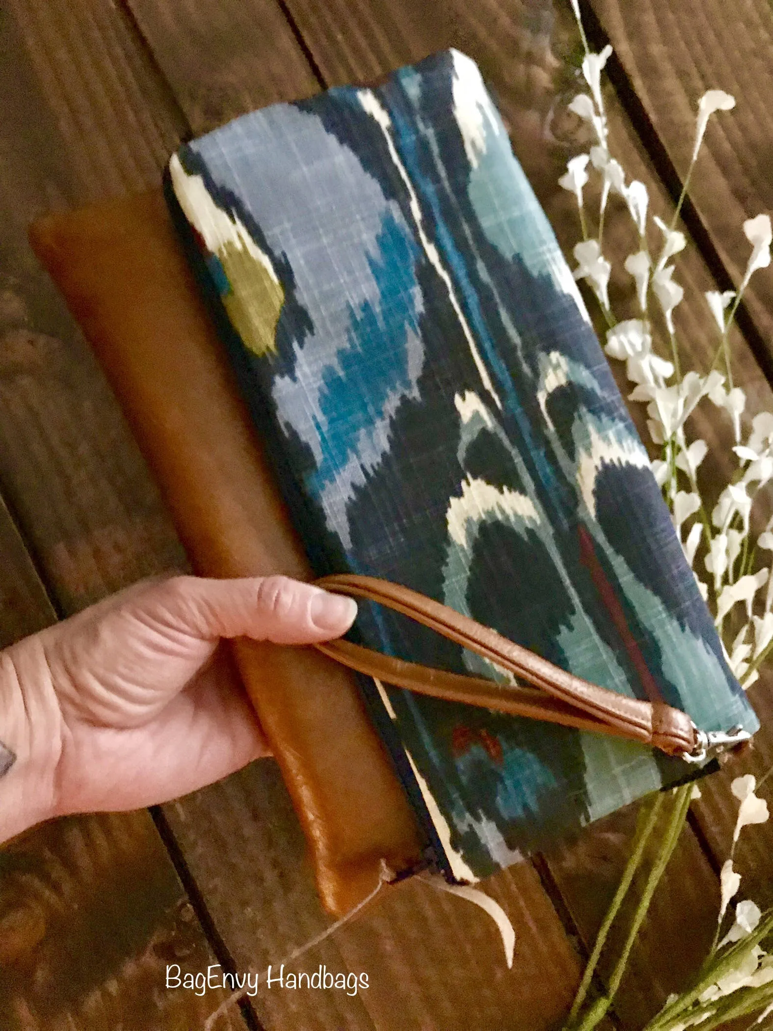 Fold Over Clutch - Ikat Bands with Vegan Leather - Detachable Wristlet