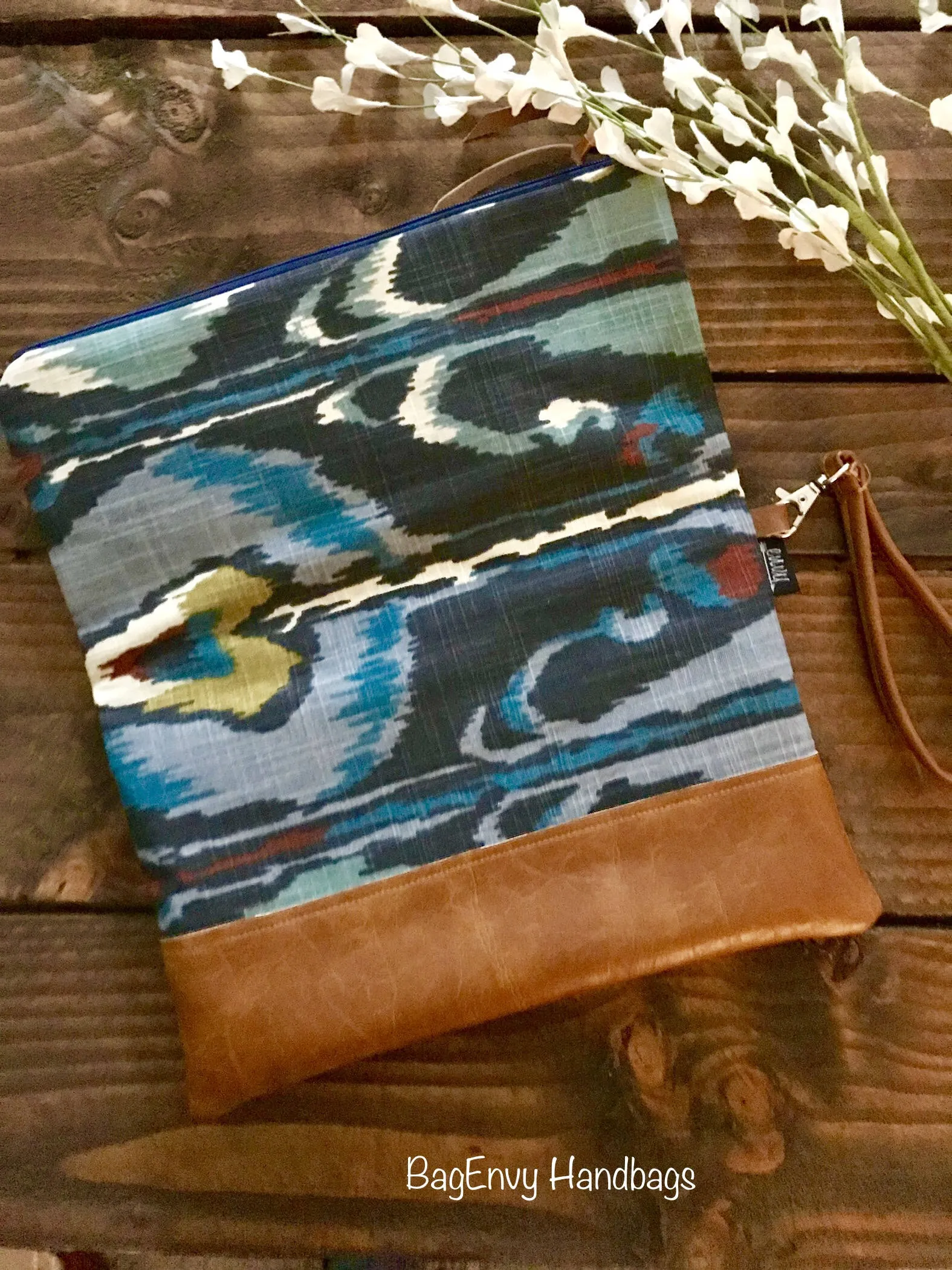 Fold Over Clutch - Ikat Bands with Vegan Leather - Detachable Wristlet