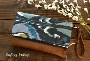 Fold Over Clutch - Ikat Bands with Vegan Leather - Detachable Wristlet