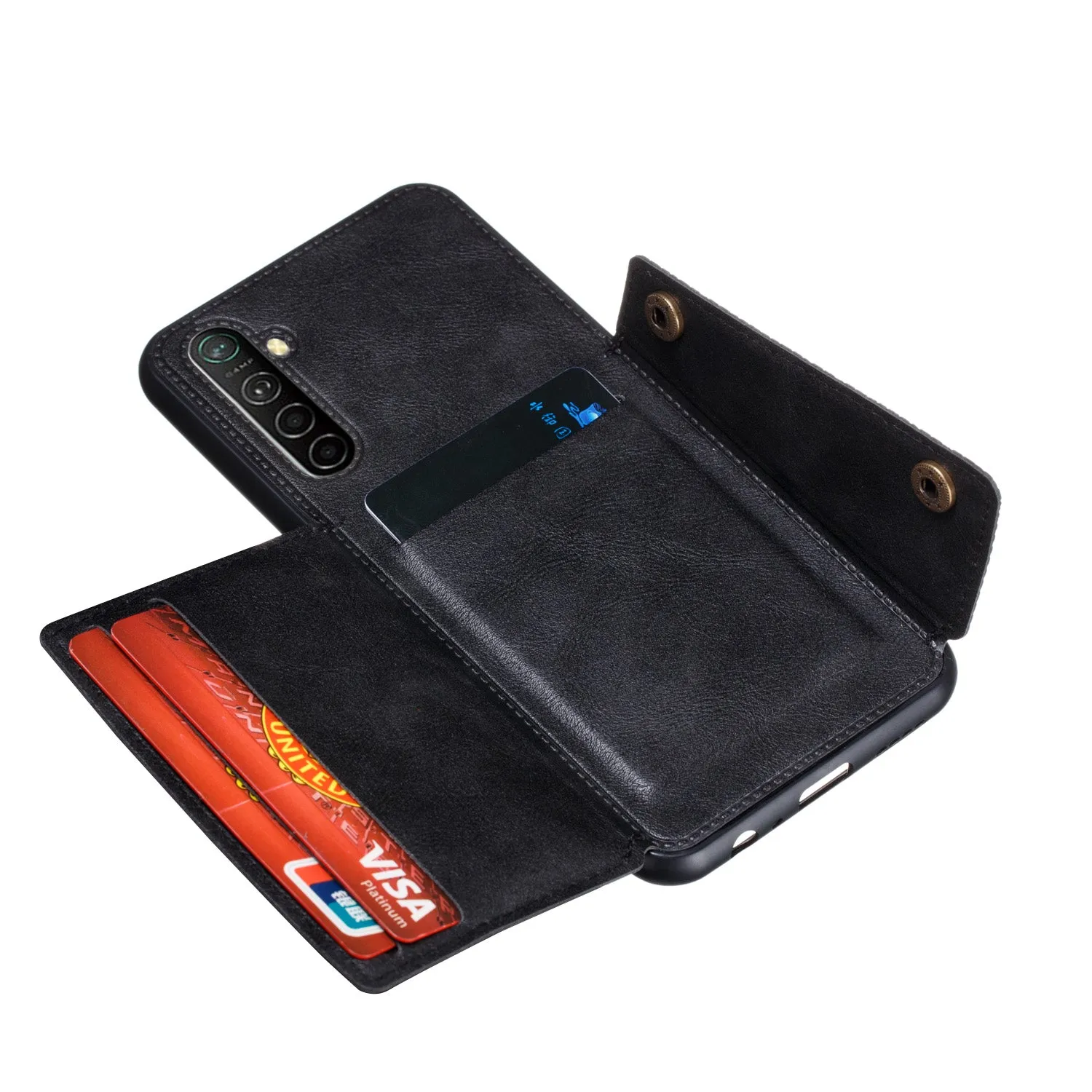 For OPPO A9 2020/Realme XT/Reno 2 Mobile Phone Shell Classic Textured Pattern Buckle Closure Design Anti-fall Smartphone Case  black