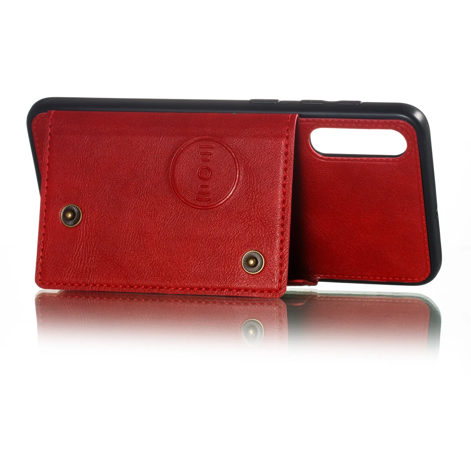 For Samsung A50 Double Buckle Non-slip Shockproof Cell Phone Case with Card Slot Bracket Light Brown