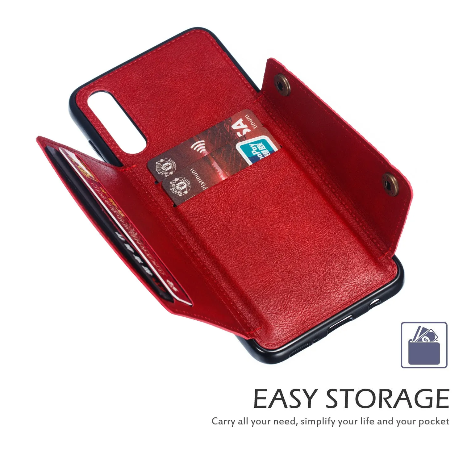 For Samsung A50 Double Buckle Non-slip Shockproof Cell Phone Case with Card Slot Bracket Light Brown