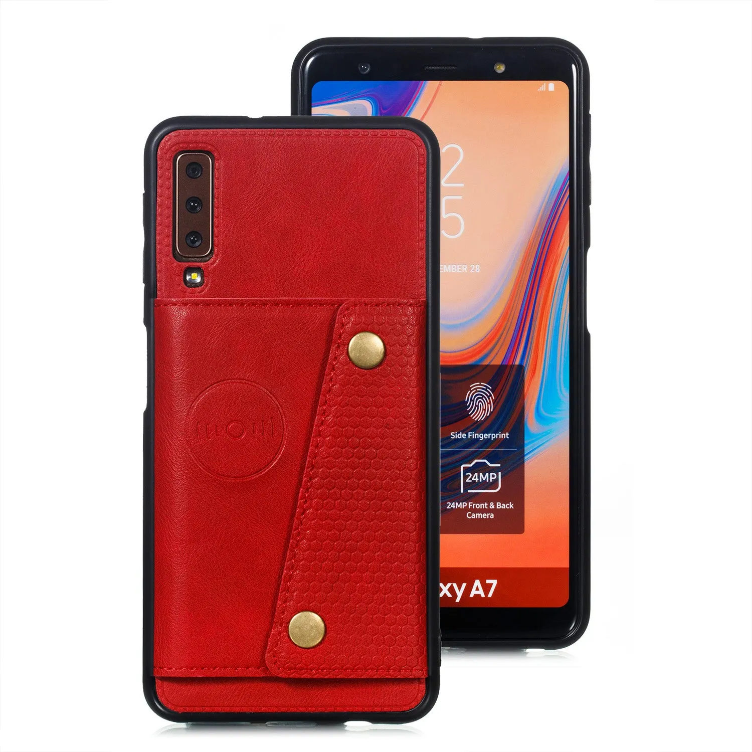 For Samsung A750/A7 2018 Double Buckle Non-slip Shockproof Cell Phone Case with Card Slot Bracket black