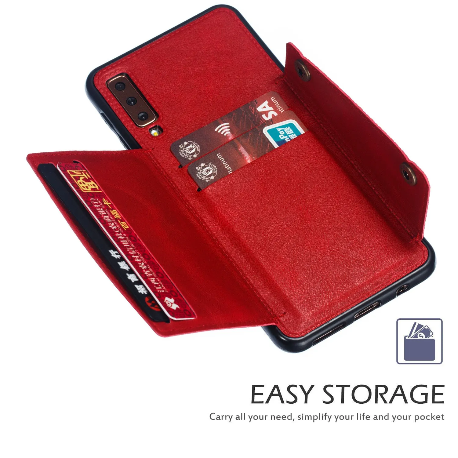 For Samsung A750/A7 2018 Double Buckle Non-slip Shockproof Cell Phone Case with Card Slot Bracket black