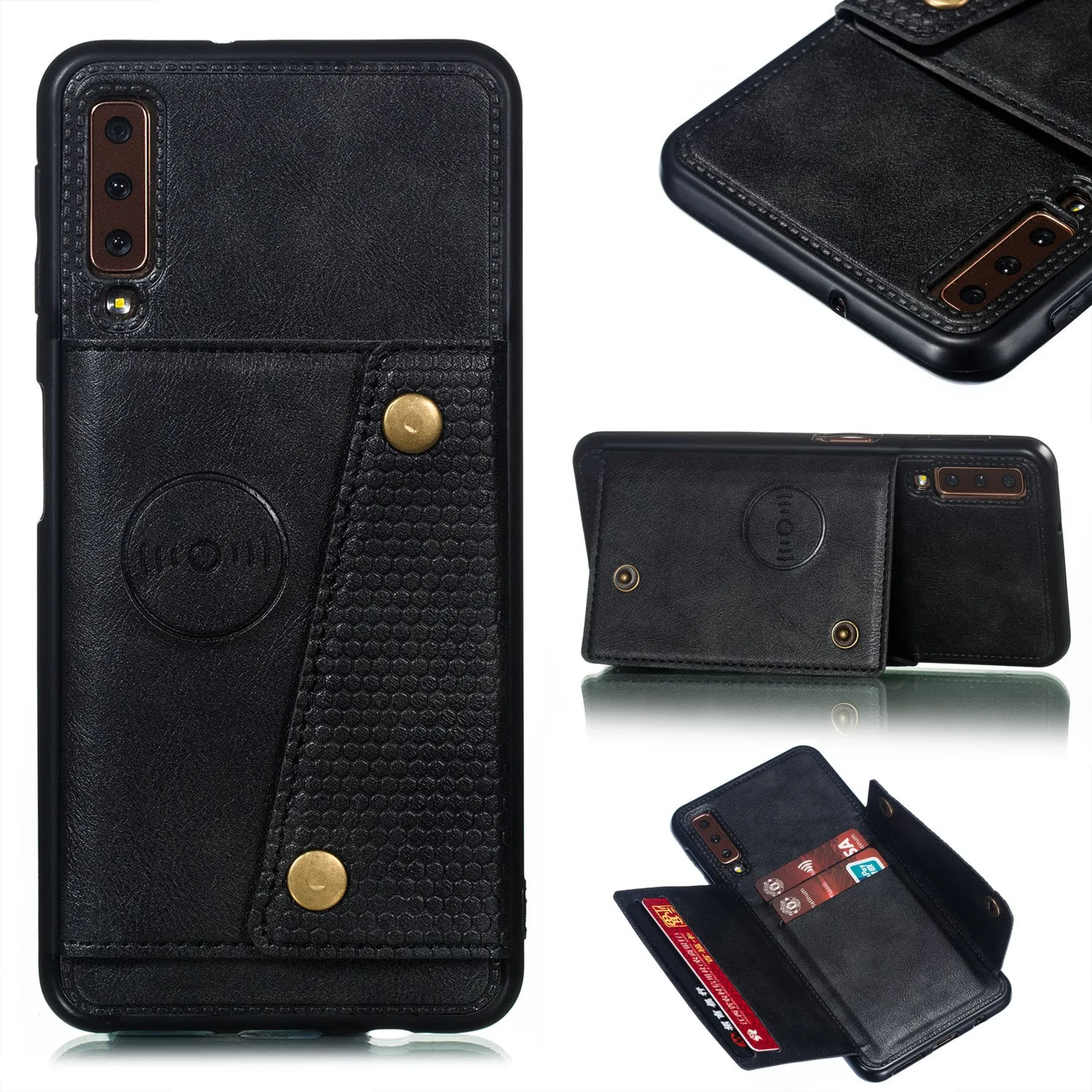 For Samsung A750/A7 2018 Double Buckle Non-slip Shockproof Cell Phone Case with Card Slot Bracket black
