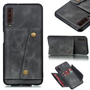 For Samsung A750/A7 2018 Double Buckle Non-slip Shockproof Cell Phone Case with Card Slot Bracket gray