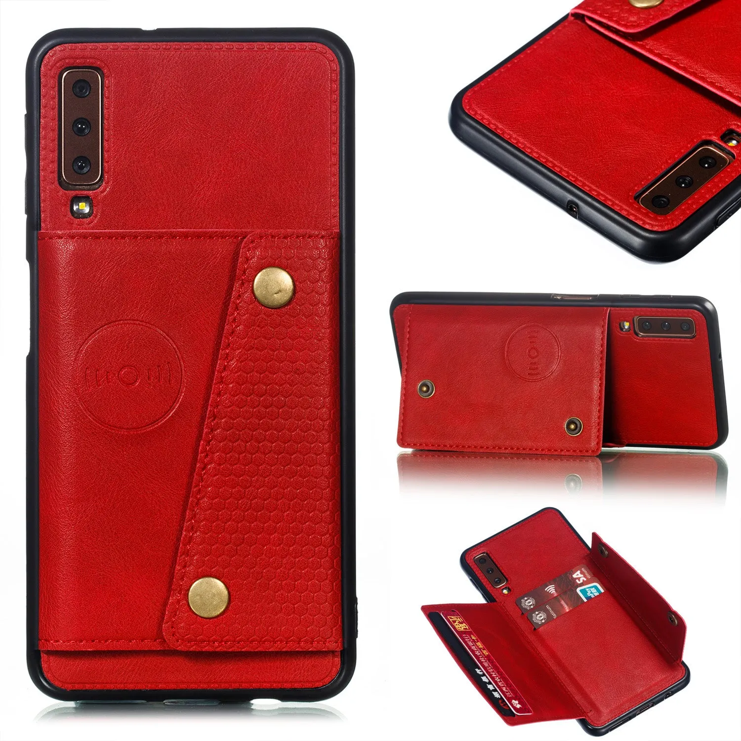 For Samsung A750/A7 2018 Double Buckle Non-slip Shockproof Cell Phone Case with Card Slot Bracket gray