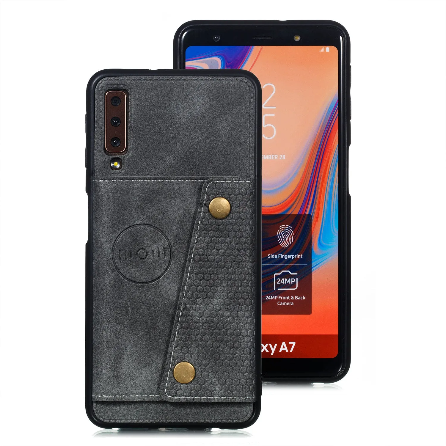 For Samsung A750/A7 2018 Double Buckle Non-slip Shockproof Cell Phone Case with Card Slot Bracket gray