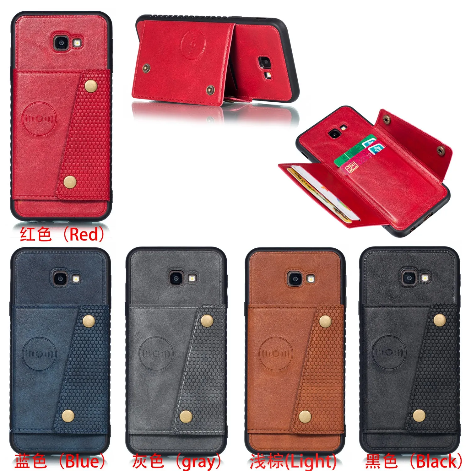 For Samsung J4 PLUS PU Protective Phone Back Case with Card Slot Bracket Light Brown