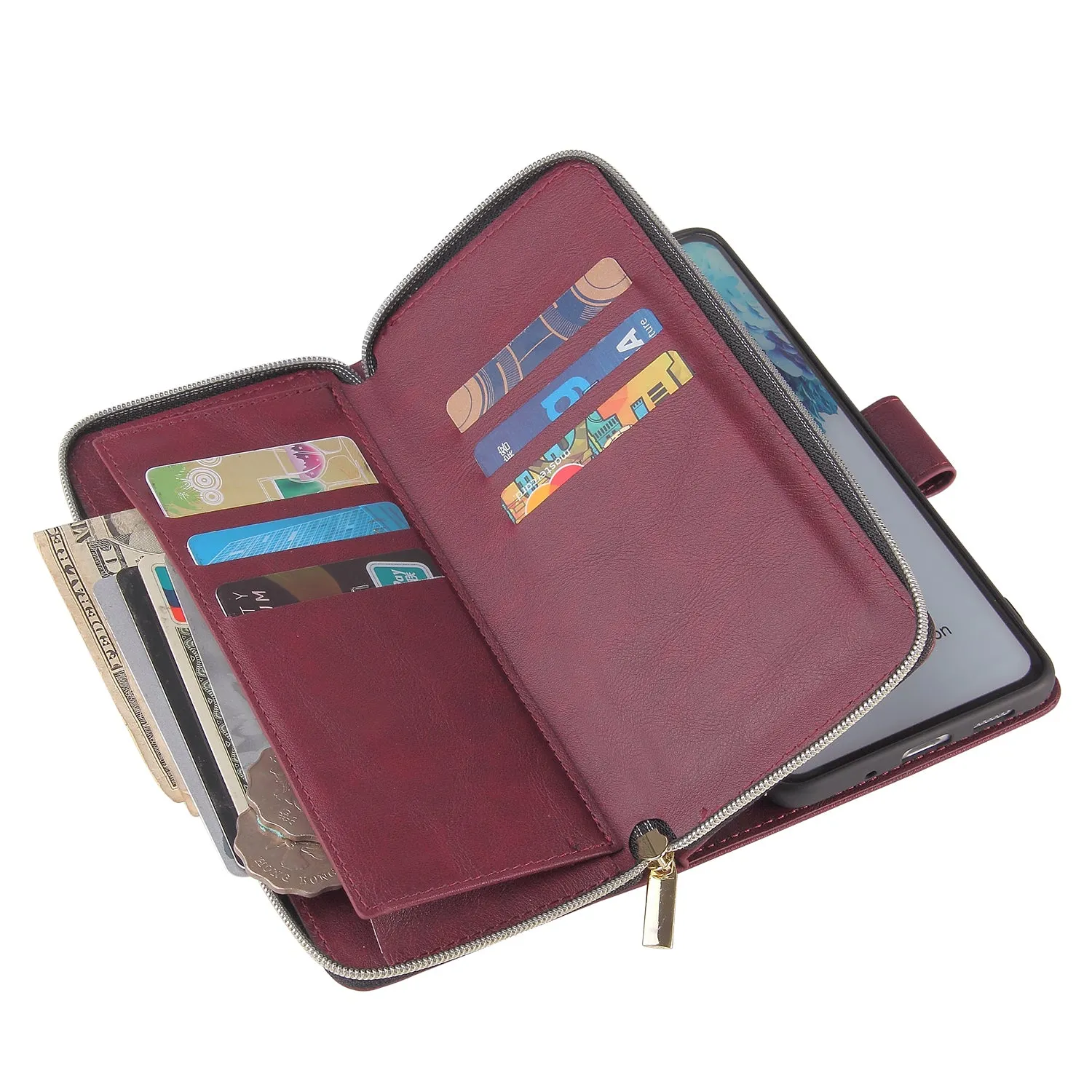 For Samsung S10/S20/S10E/ S10 Plus Pu Leather  Mobile Phone Cover Zipper Card Bag   Wrist Strap Red wine