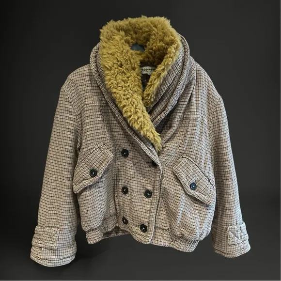 FREE PEOPLE NWT Plaid Cotton Bomber jacket Coat detachable Sherpa M