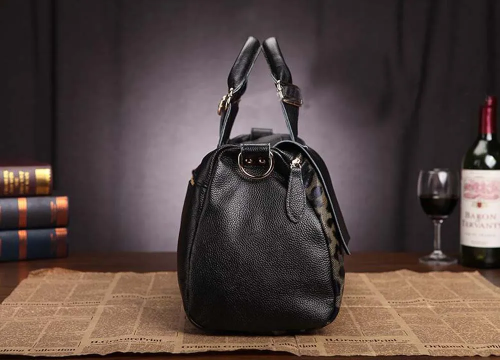 Genuine Leather Leopard Print Fold-Over Handbag Shoulder Bag for Women