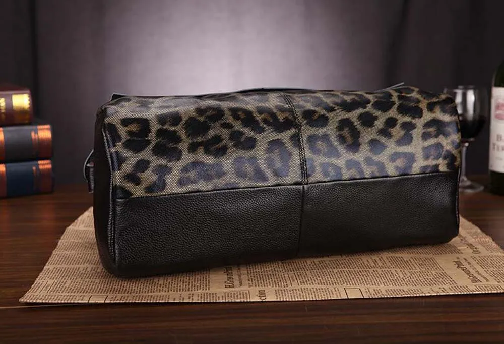 Genuine Leather Leopard Print Fold-Over Handbag Shoulder Bag for Women