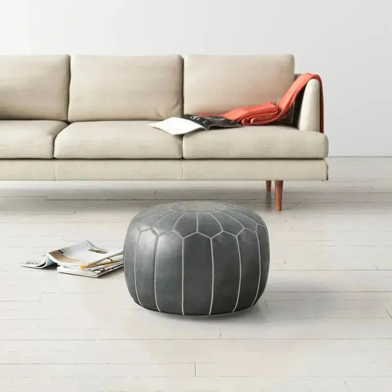 Genuine Leather Round Floral Pouf Ottoman - Gray