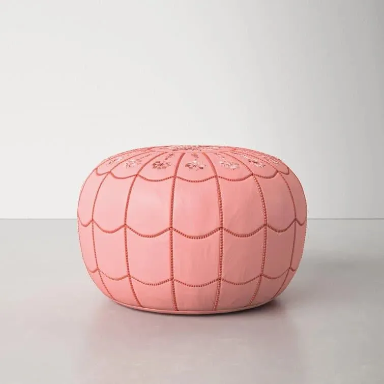 Genuine Leather Round Floral Pouf Ottoman - Pink