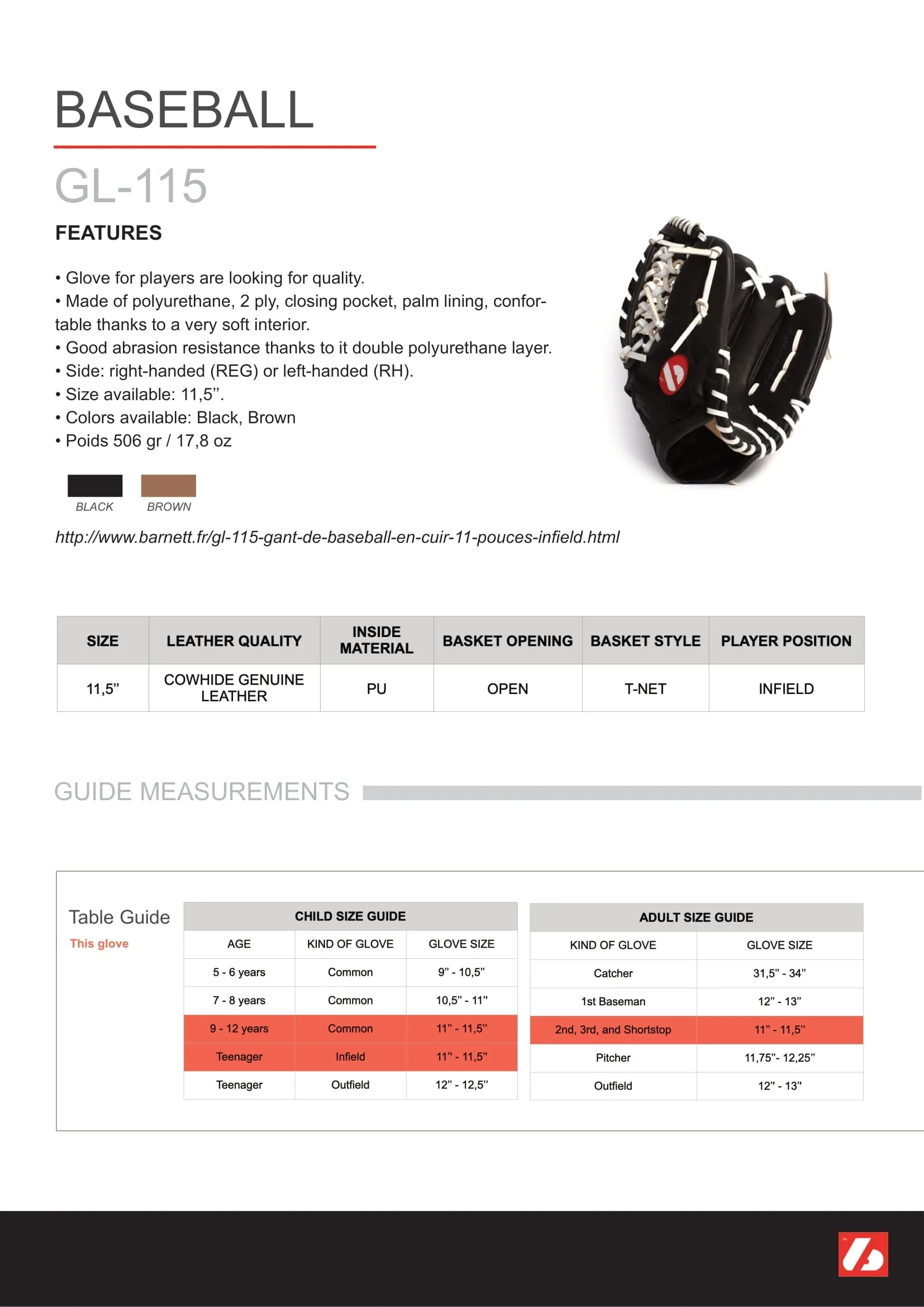 GL-115  Competition infield baseball Glove 11.5, black