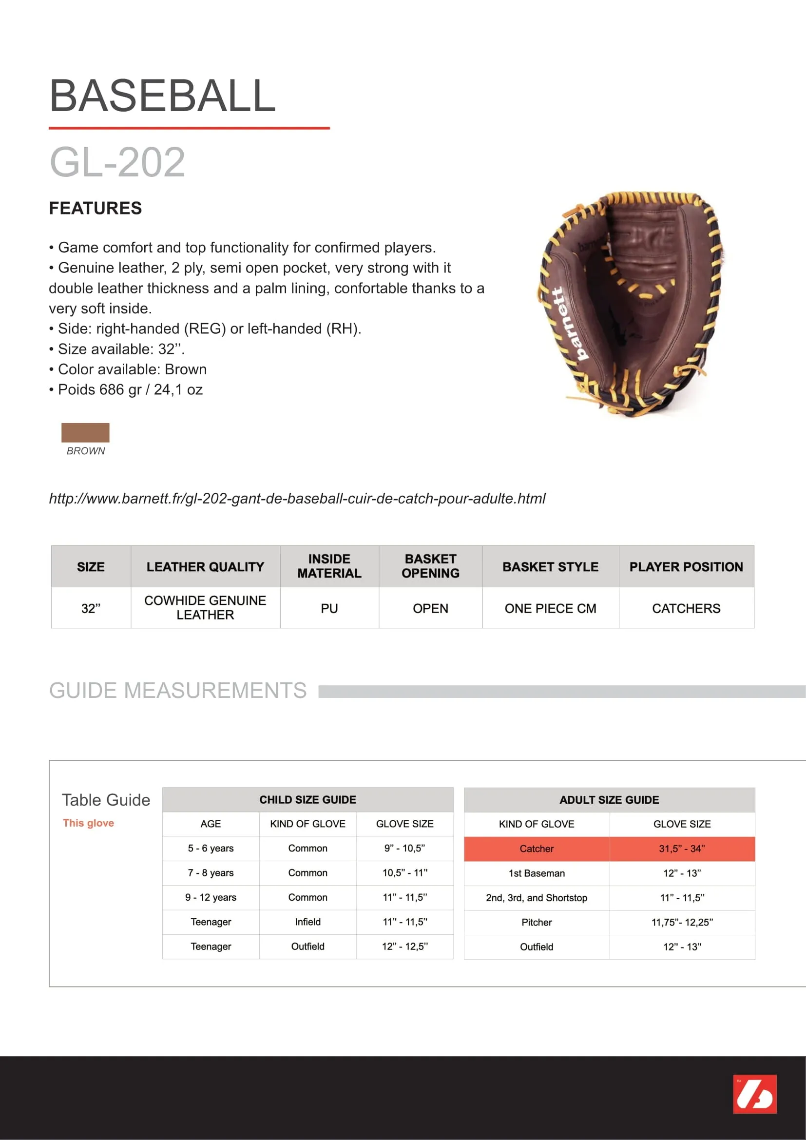 GL-202 Competition catcher baseball glove, genuine leather, adult 32, Brown