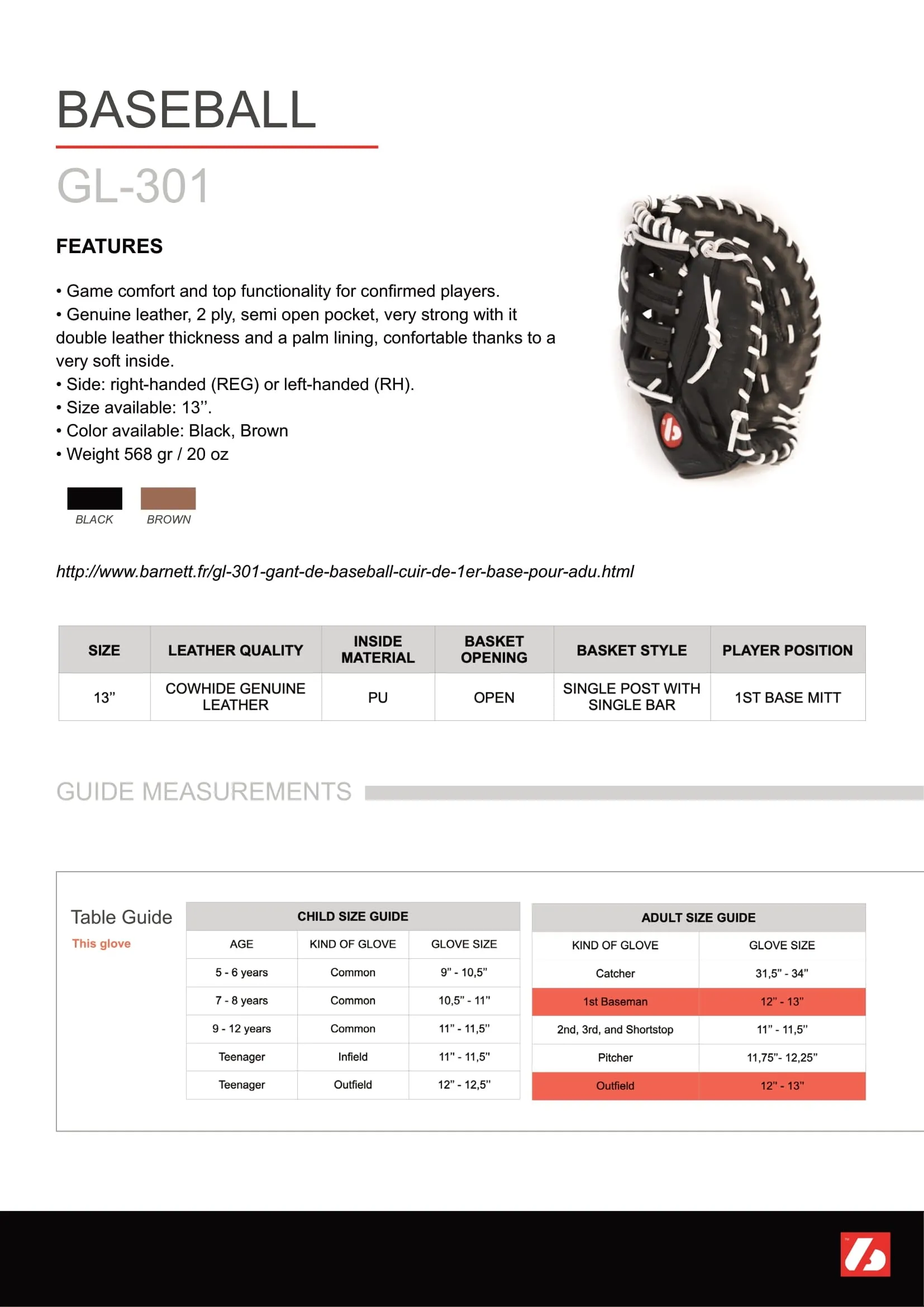 GL-301 Competition first base baseball glove, genuine leather, size 31, Brown
