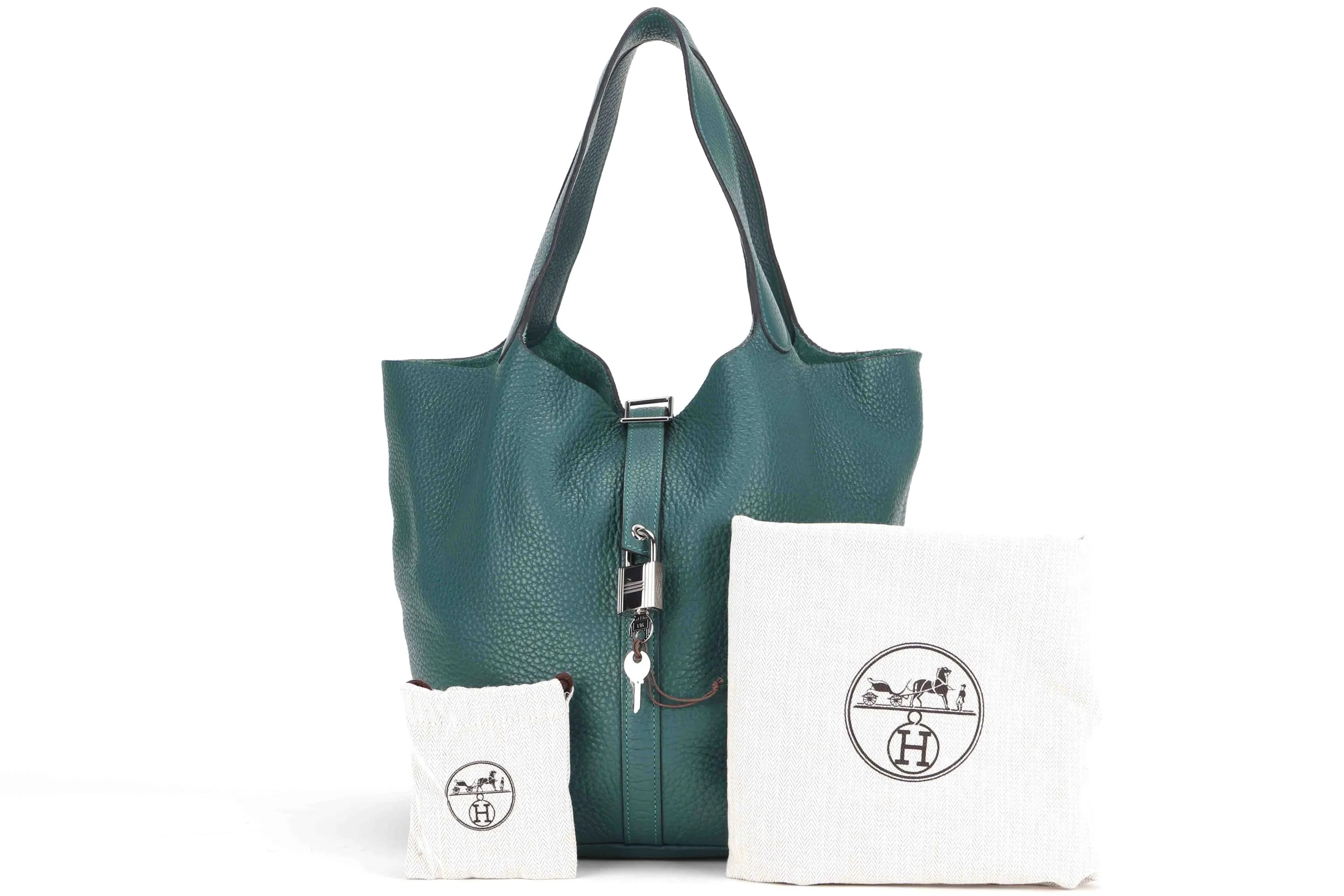 HEMES PICOTON 26 (STAMP Q) MALACHITE COLOR CLEMENCE SILVER HARDWARE, WITH KEYS, LOCK & DUST COVER