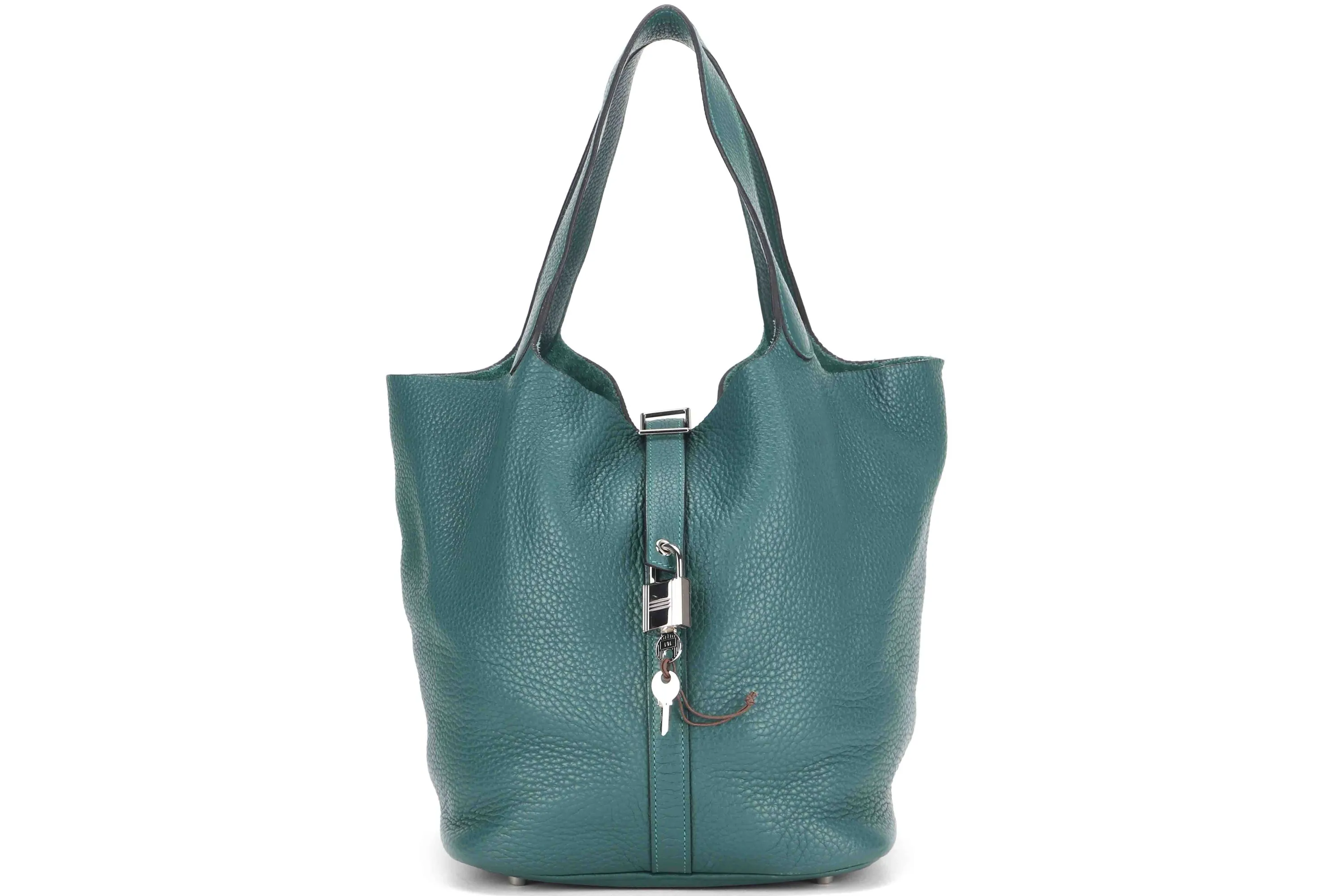 HEMES PICOTON 26 (STAMP Q) MALACHITE COLOR CLEMENCE SILVER HARDWARE, WITH KEYS, LOCK & DUST COVER