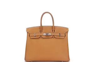 HERMES BIRKIN 25 (STAMP L SQUARE) TOFFEE COLOR TOGO LEATHER SILVER HARDWARE, WITH LOCK, KEYS & BOX, NO DUST COVER