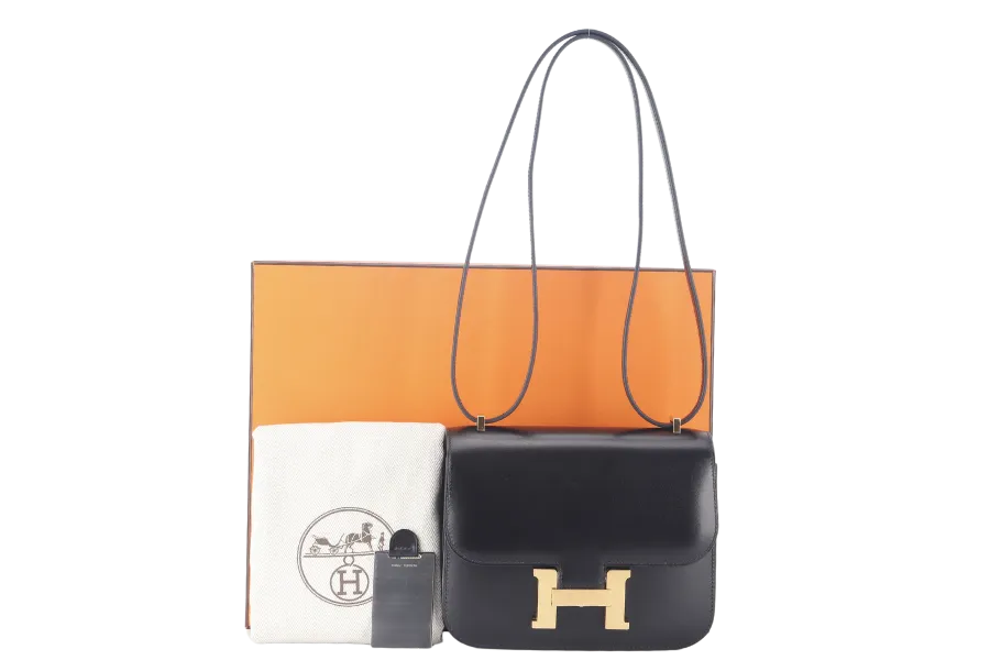 HERMES CONSTANCE 18 (STAMP B) BLACK BOX LEATHER GOLD HARDWARE WITH DUST COVER AND BOX